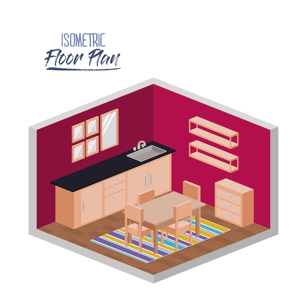 Vector planta isométrica de cocina y comedor