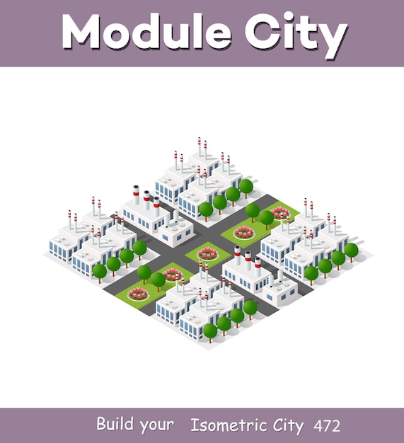 La planta isométrica en proyección dimensional 3d incluye fábricas, naves industriales, calderas, almacenes, hangares, centrales eléctricas, calles, carreteras, árboles. infraestructura urbana de la metrópoli de la ciudad.