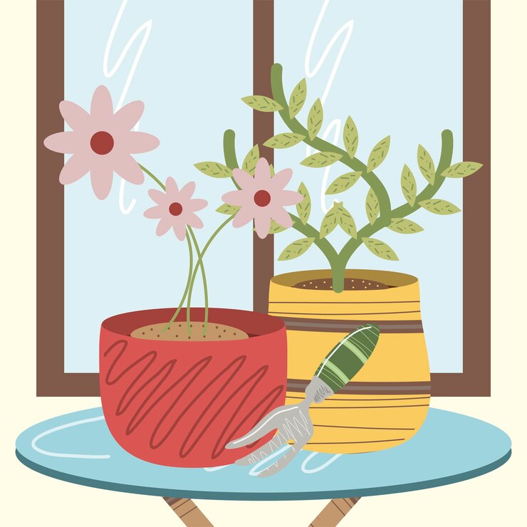 Vector planta de jardín en casa en maceta y flores con ilustración de rastrillo