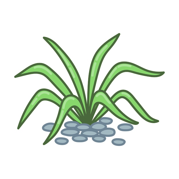 Planta de jardín con hojas largas y piedras decorativas Estilo de dibujos animados Arte vectorial sobre fondo blanco