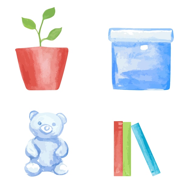 Planta en una maceta contenedor azul un oso y libros aislados en un fondo blanco clipart de acuarela