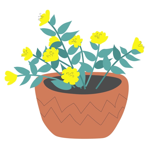 Planta en maceta de jardín aislada en blanco. Flores amarillas en un estilo plano de caricatura minimalista.