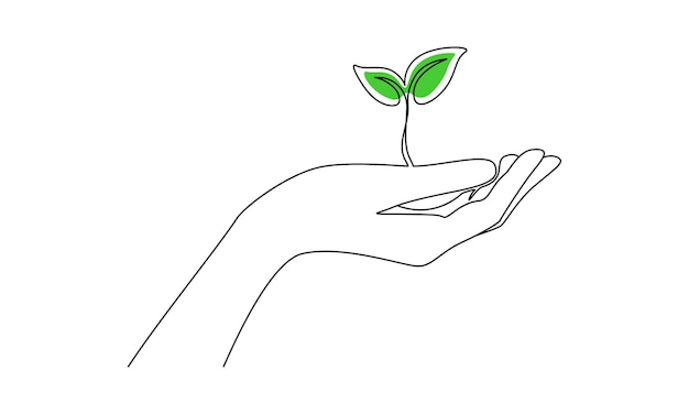 Planta con la mano con la hoja en una línea continua dibujando árbol de brote verde y símbolo de jardinería en estilo lineal simple concepto de granja orgánica trazo editable ilustración vectorial de contorno de Doodle