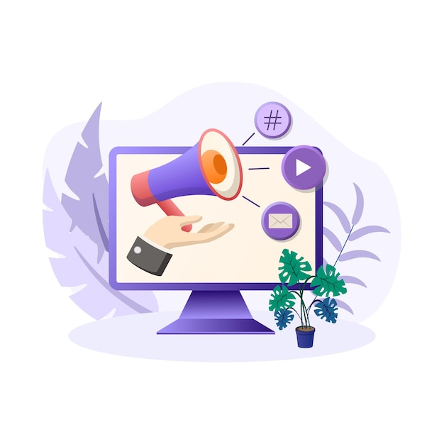 Planta de mano de monitor de altavoz de ilustración de marketing viral
