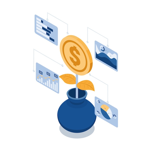 Planta de moneda isométrica 3d plana que crece de maceta con gráfico financiero. roi concepto de retorno de la inversión.