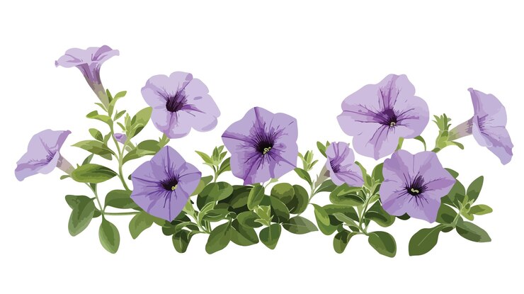 Vector planta de petunia vibrante con flores de lila en composición plana