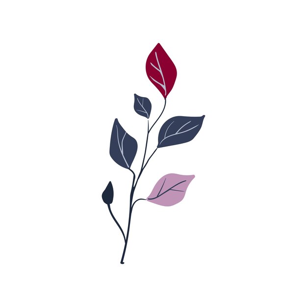 Planta popular simple hojas rojas y azules en una rama dibujos animados botánica de otoño estilo minimalista plano