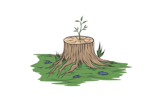 Planta que crece a partir de una ilustración dibujada a mano de tocón de árbol
