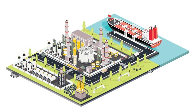 Planta de refinería Granja de tanques de petróleo Puerto marítimo con petrolero amarrado en una terminal de silos de almacenamiento de petróleo