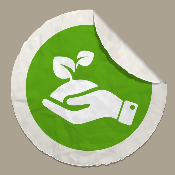 Vector planta de símbolo ecológico en manos pegatina de papel realista con borde curvo