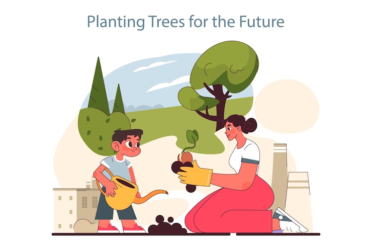 Vector plantación de árboles protección del medio ambiente y reducción de la huella de carbono estrategia global para reducir el co