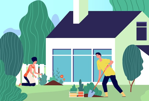 Plantación familiar Hombre mujer trabajo en el jardín Pareja en el patio trasero planta flores y verdes primavera verano al aire libre hobby vector ilustración