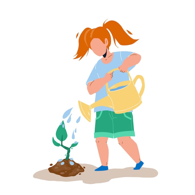 Plantación y riego de árboles jóvenes vector de niña. niño pequeño cuidado del árbol joven en el jardín. plántula de planta de carácter, ocupación de jardinería y medio ambiente ecológico ilustración de dibujos animados plana