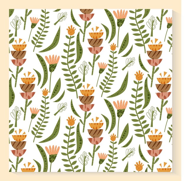 Plantas abstractas de patrones sin fisuras con dibujo a mano alzada, hierbas y flores silvestres Ilustración botánica colorida Textura de primavera o verano con elementos florales