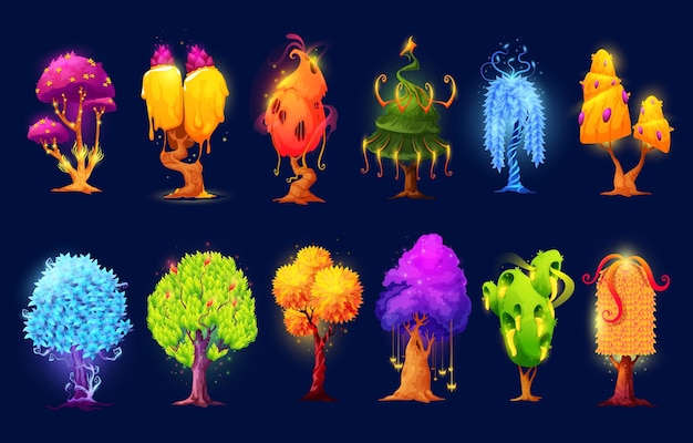 Plantas y árboles alienígenas luminosos de fantasía de dibujos animados