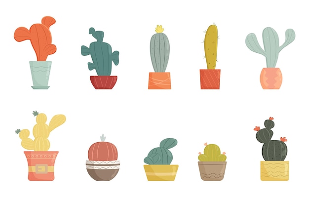 Plantas de cactus, conjunto de cactus, plantas caseras, cactus vectoriales