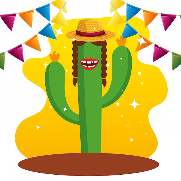 Plantas de cactus con sombrero y banner de fiesta