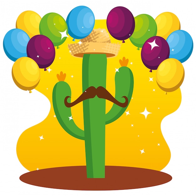 Vector plantas de cactus con sombrero y bigote con globos