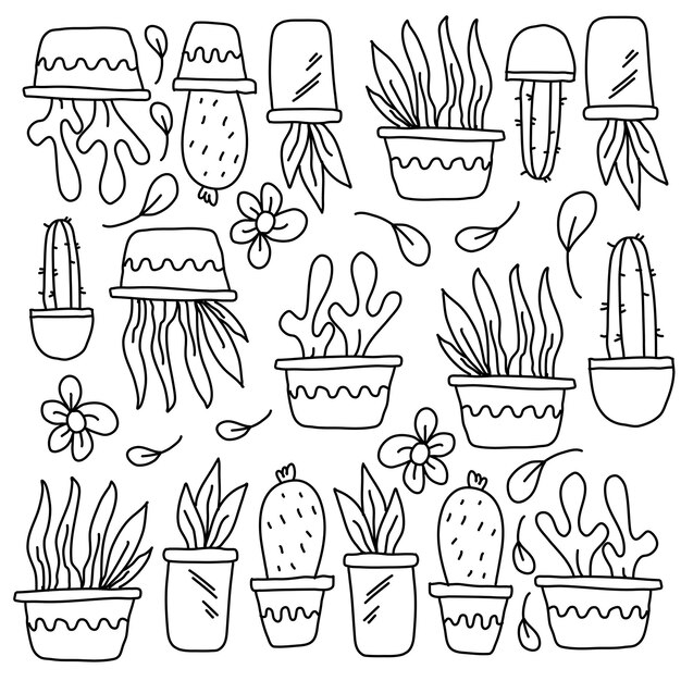 Plantas de cactus con vector de estilo de línea de garabato
