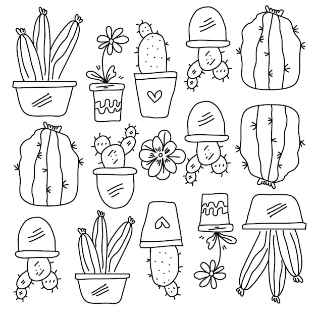 Vector plantas de cactus con vector de estilo de línea de garabato