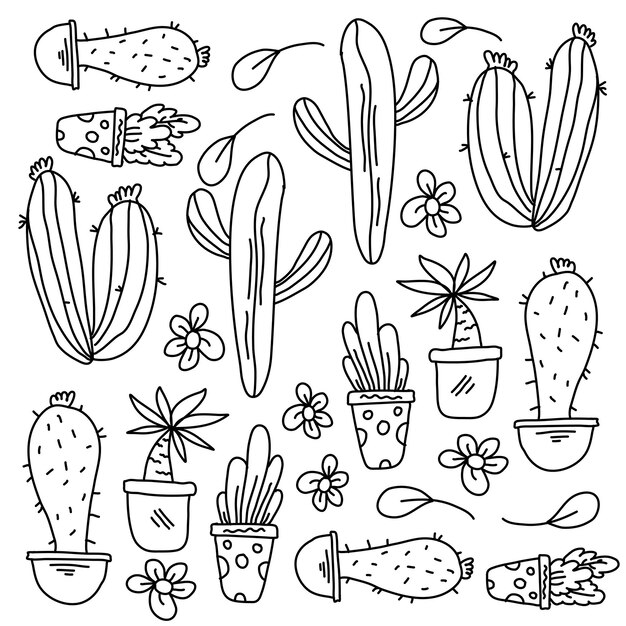 Plantas de cactus con vector de estilo de línea de garabato