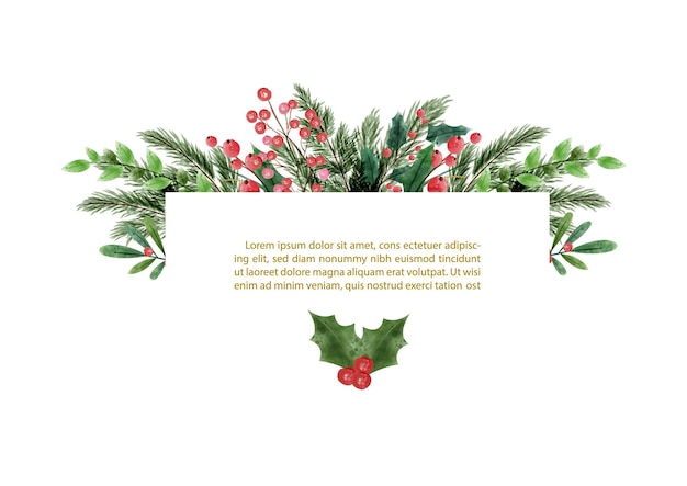 Plantas de decoración navideña en estilo de acuarelas en una tarjeta de felicitación blanca