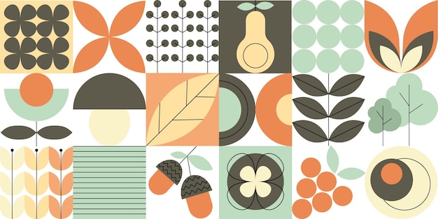 Plantas y flores en estilo Bauhaus Patrón geométrico abstracto Plantas frutales orgánicas naturales