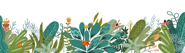 Plantas de flores hojas banner ilustración vectorial con espacio de copia aislado sobre fondo blanco Paquete de flores silvestres conjunto de elementos decorativos de diseño floral Telón de fondo para tarjetas de felicitación