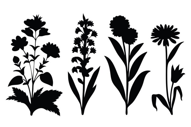 Plantas flores malezas siluetas conjunto aislado ilustración vectorial plana en fondo blanco