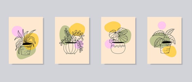 Plantas flores en ollas jarrones dibujo a mano contorno dibujado a mano cartel vectorial ilustración de arte de pared