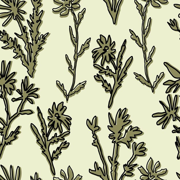Plantas y flores silvestres abstractas patrón sin costuras ornamento botánico de dibujo de líneas continuas