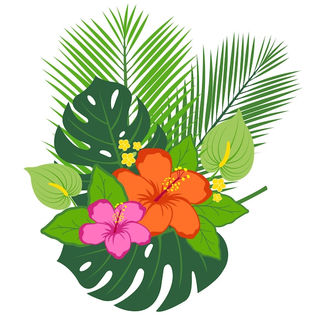 Plantas y flores tropicales Flores y hojas exóticas de hibisco hawaiano Ilustración vectorial