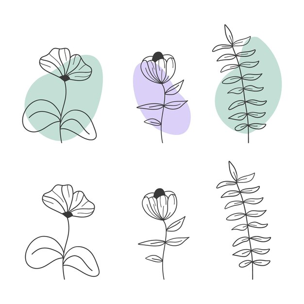 Plantas garabateadas en un fondo aislado Flores y ramas minimalistas de manchas de colores de plantas