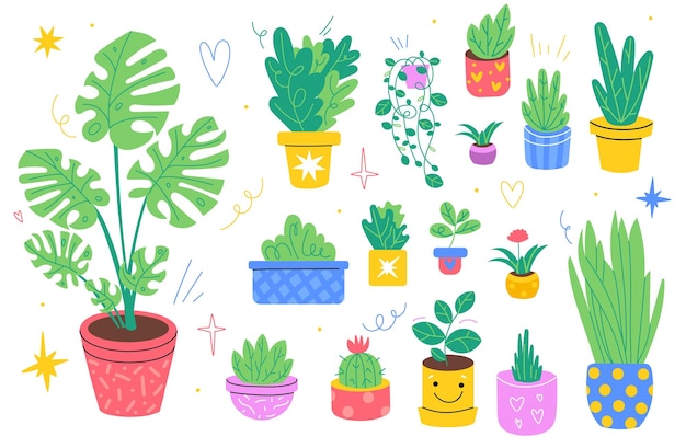 Plantas para el hogar Diferentes razas plantas de interior de color macetas floricultura y jardinería acogedor pasatiempo de interior estilo doodle palmeras y ficus monstera y suculentas vector de dibujos animados estilo plano conjunto aislado