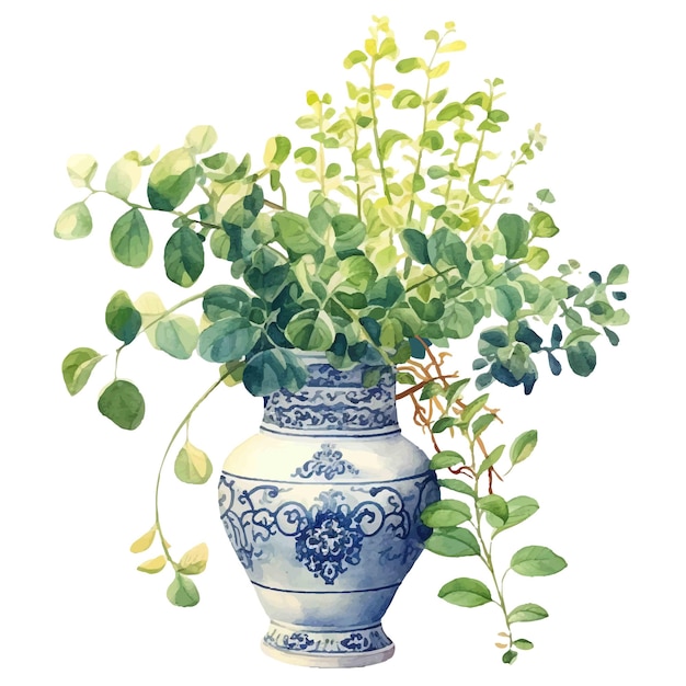 Plantas con una ilustración de acuarela de jarrón chino