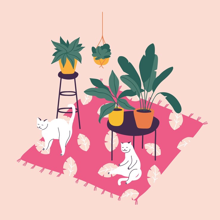 plantas de ilustración en colección de macetas. Decoración del hogar de moda con plantas, hojas tropicales y gatos. Paquete de modernas plantas en macetas
