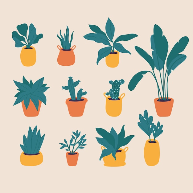 Plantas de ilustración vectorial en la colección de macetas. decoración casera de moda con plantas, cactus, hojas tropicales. paquete de plantas en macetas de moda.