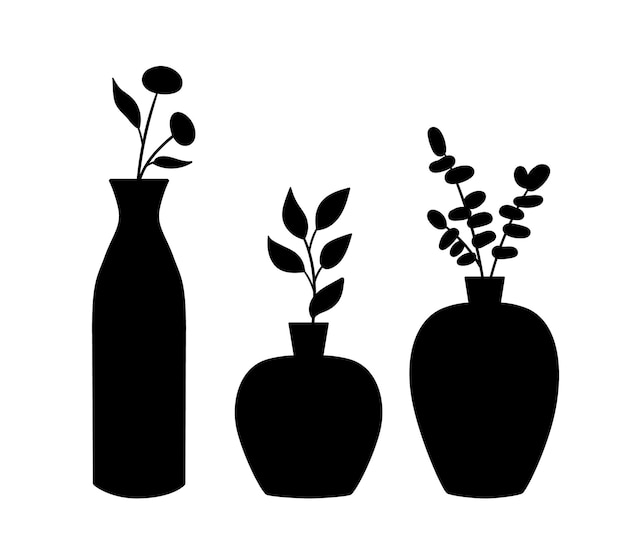 Vector plantas de interior dibujadas a mano en jarrón siluetas negras de diferentes plantas en macetas ilustración vectorial aislada en blanco