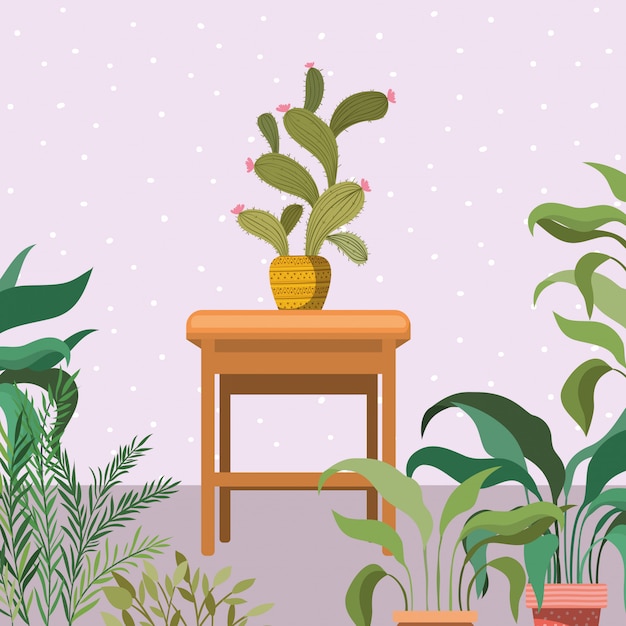 Vector plantas de interior en escena de jardín de silla de madera