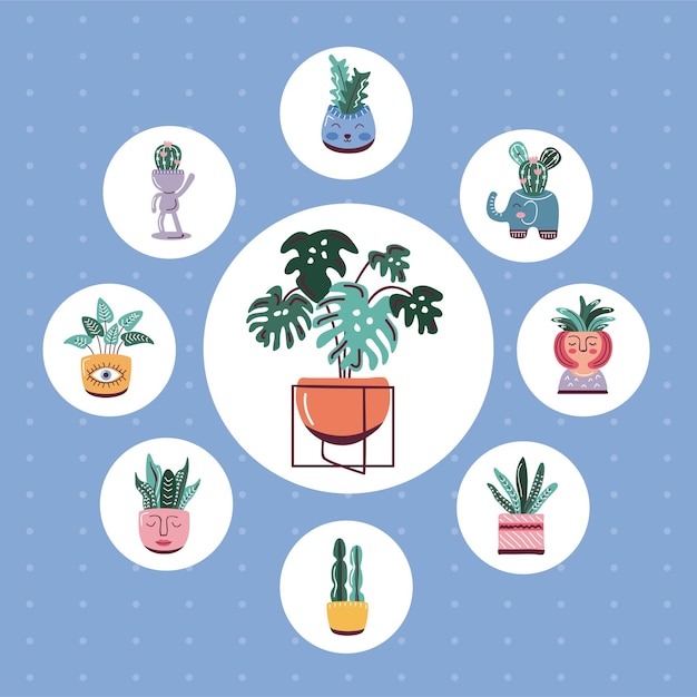 Vector plantas de interior en macetas, iconos de estilo escandinavo