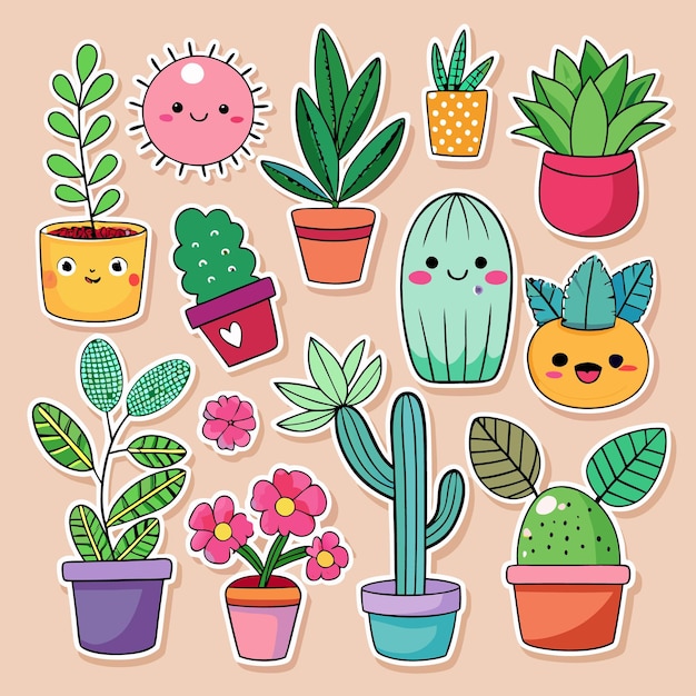 Plantas lindas en macetas con pegatinas con caras felices