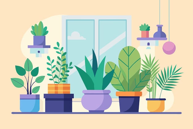 Plantas de maceta variadas dispuestas frente a una ventana en interiores Plantas de interior personalizables Ilustración semi plana