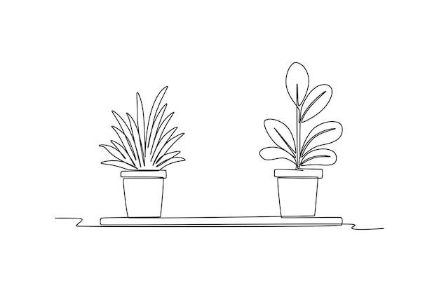 Plantas en macetas de dibujo continuo de una línea para el interior Concepto interior Ilustración gráfica vectorial de diseño de dibujo de una sola línea