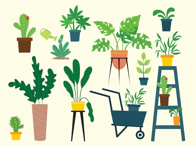 Plantas en macetas de jardín paisajístico interior y exterior aislado en blanco. Vector set planta verde en maceta, ilustración de flor de maceta