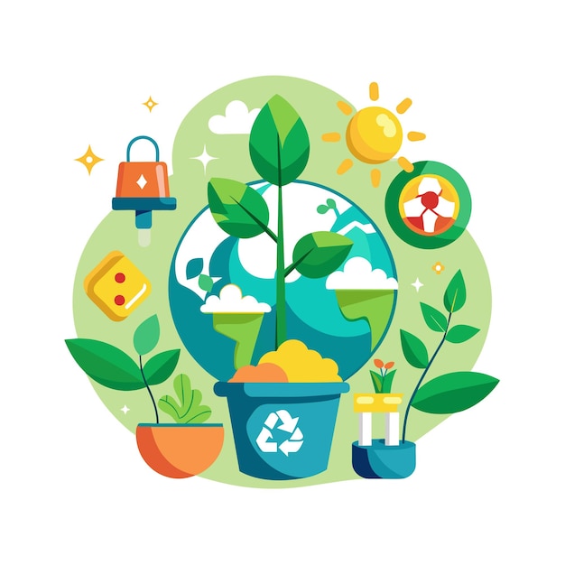 plantas en macetas con sol y globo hermosa escena ilustración vectorial