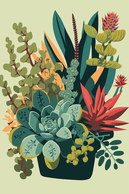 Vector plantas en macetas suculentas color plano vector estilo fondo cartel arte impresión