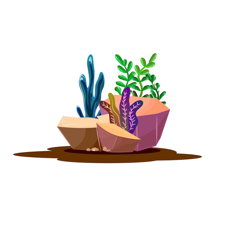 Vector plantas marinas de colores anidadas entre las piedras