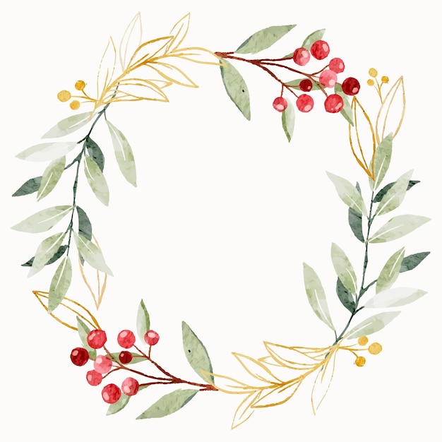 Plantas de navidad de invierno y hojas marcos corona en estilo acuarela