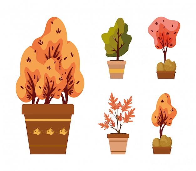 Vector plantas de otoño en iconos de macetas de cerámica