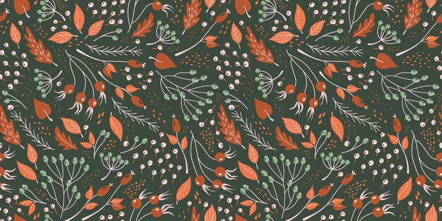 Plantas de otoño de patrones sin fisuras Fondo suave retro con hojas de otoño, bayas y ramas de árboles